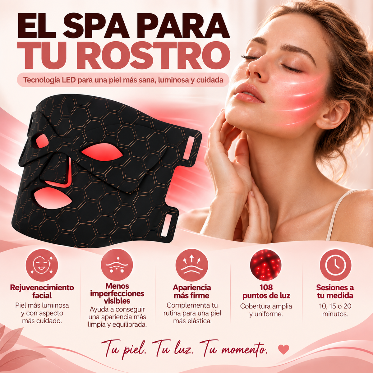 Máscara facial LED con Terapia de Luz para la Cara y la Piel